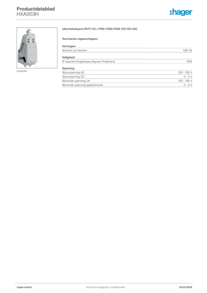Afbeelding Hager Productdatablad HXA003H | Hager Nederland
