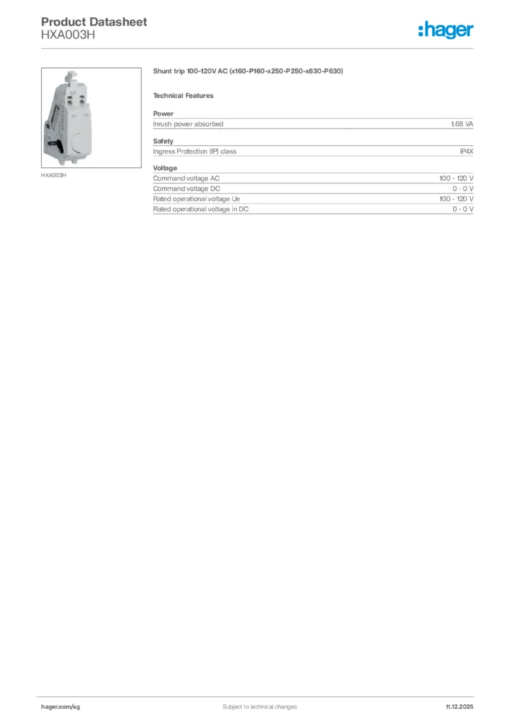 Image Hager Product data sheet HXA003H  | Hager