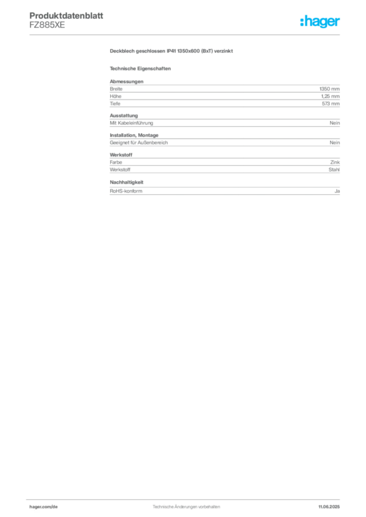 Bild Hager Produktdatenblatt FZ885XE | Hager Deutschland