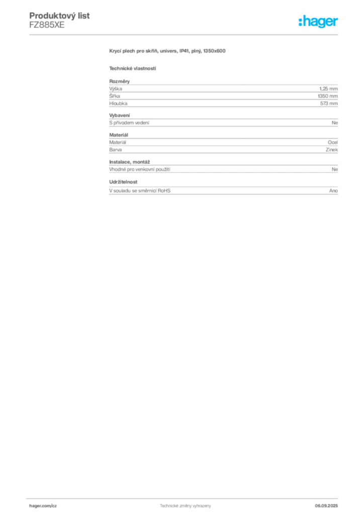 Obrázek Hager Produktový list FZ885XE | Hager