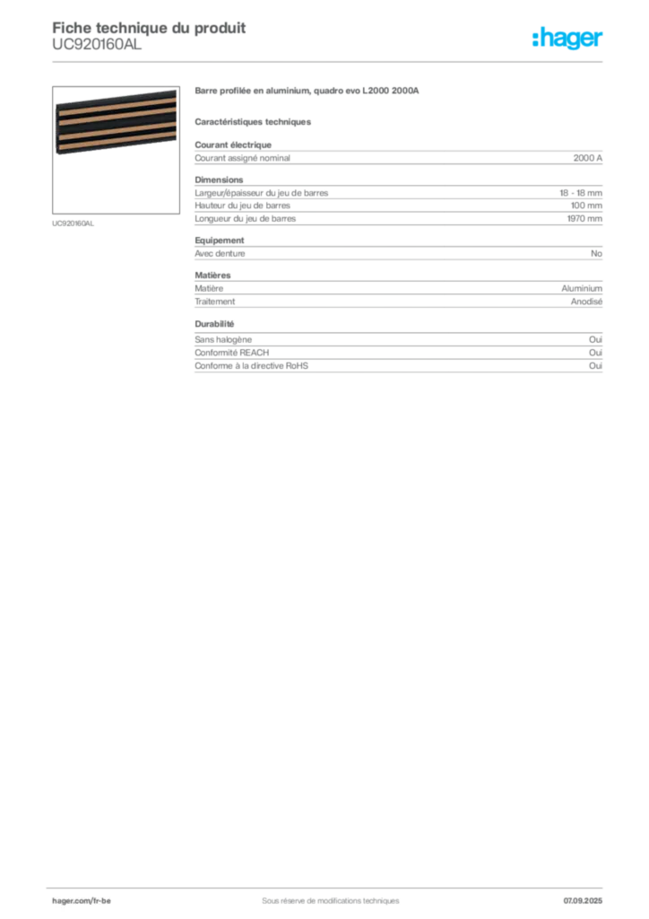 Image Hager Fiche technique du produit UC920160AL | Hager Belgique