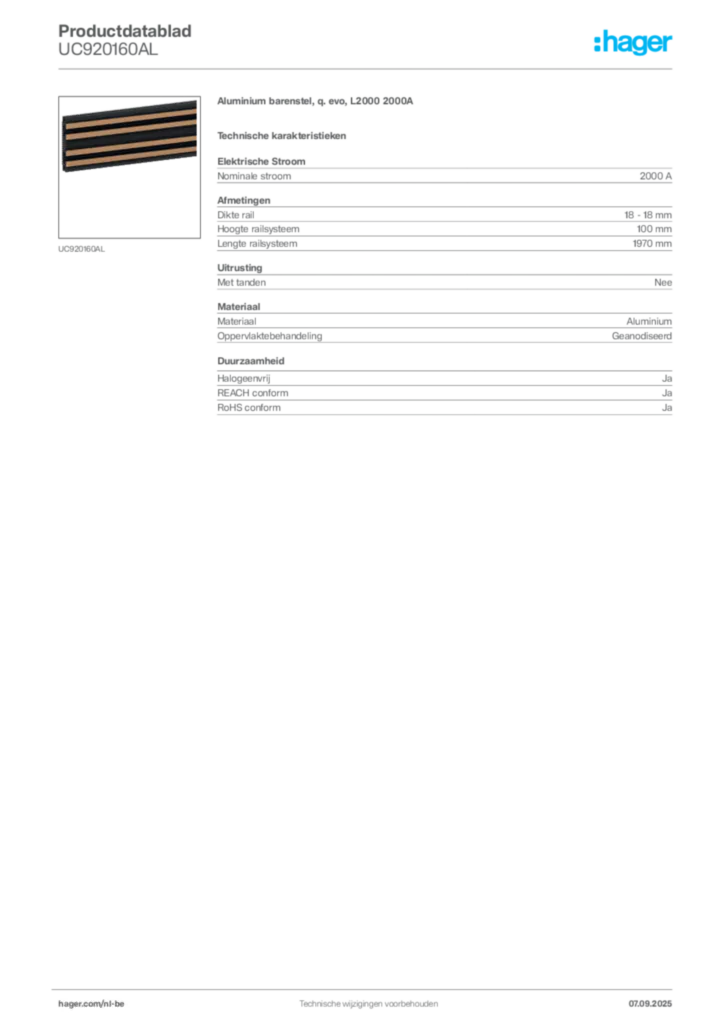 Afbeelding Hager Productdatablad UC920160AL | Hager Belgium