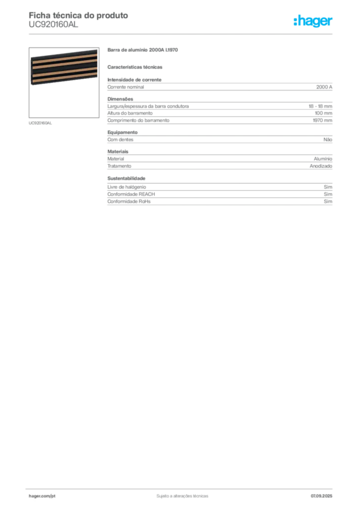 Imagem Hager Ficha técnica do produto UC920160AL | Hager Portugal