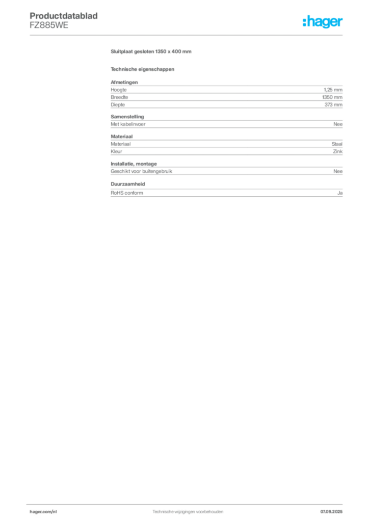 Afbeelding Hager Productdatablad FZ885WE | Hager Nederland