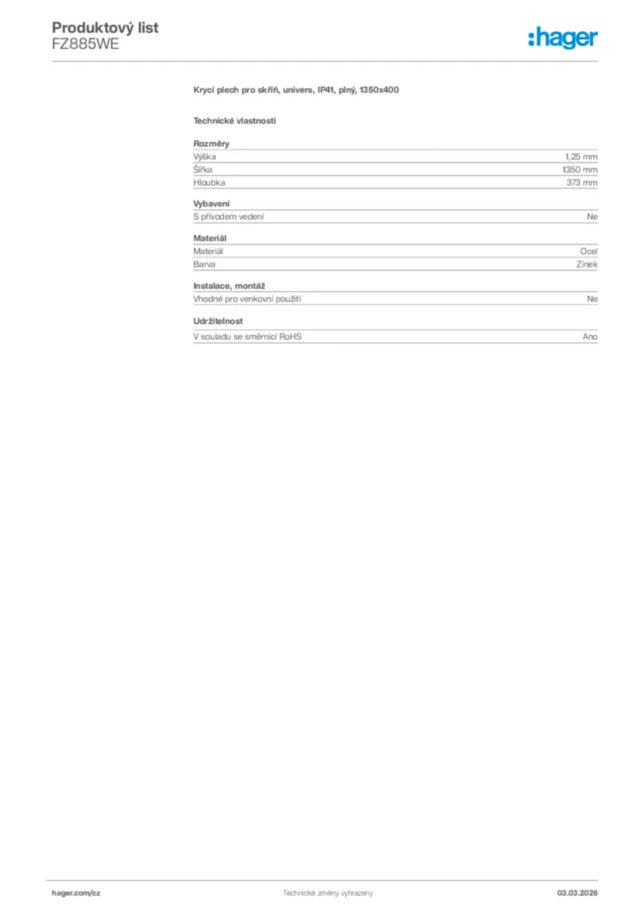 Obrázek Hager Product data sheet FZ885WE | Hager