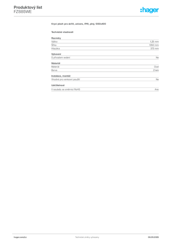 Obrázek Hager Produktový list FZ885WE | Hager