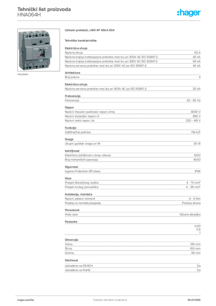 Slika Hager Product data sheet HNA064H  | Hager