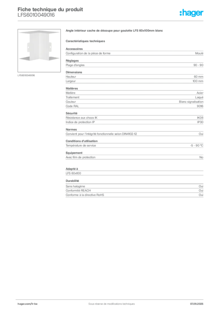 Image Hager Fiche technique du produit LFS6010049016 | Hager Belgique