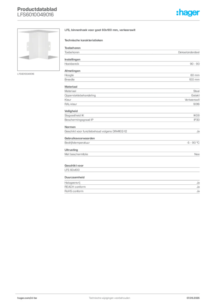 Afbeelding Hager Productdatablad LFS6010049016 | Hager Belgium
