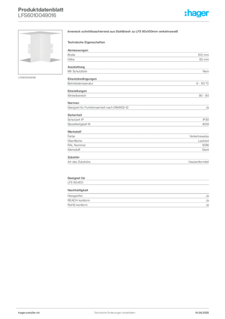 Bild Hager Produktdatenblatt LFS6010049016 | Hager Schweiz