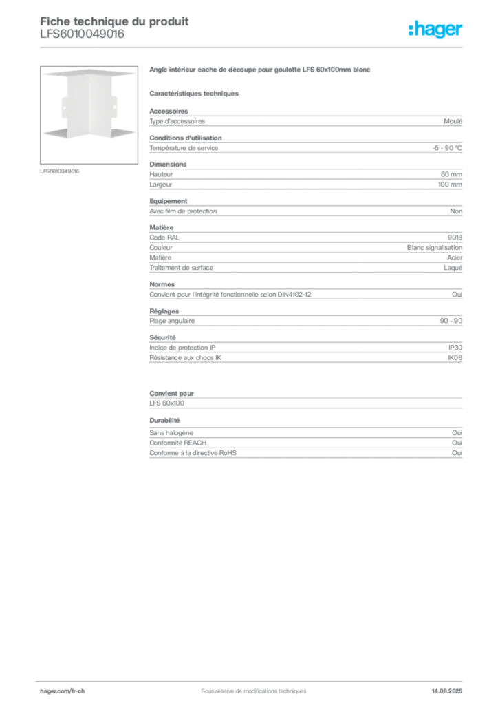 Image Hager Fiche technique du produit LFS6010049016 | Hager Suisse