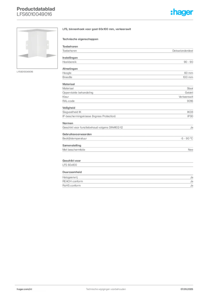 Afbeelding Hager Productdatablad LFS6010049016 | Hager Nederland