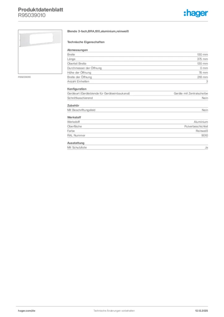 Bild Hager Produktdatenblatt R95039010 | Hager Deutschland