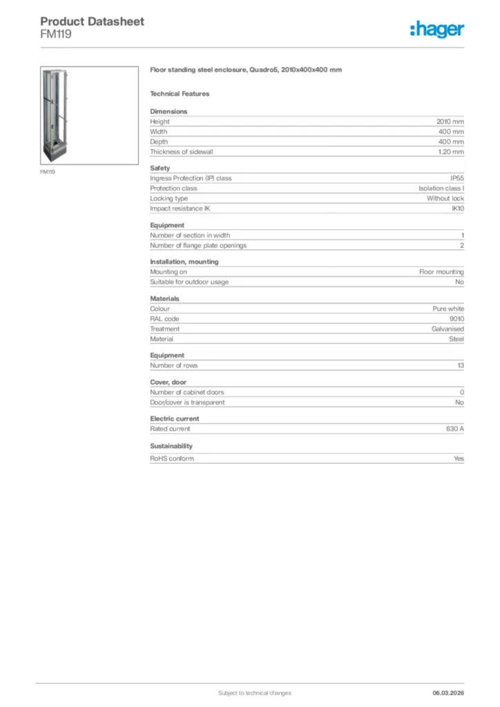 Image Hager Product data sheet FM119  | Hager Africa