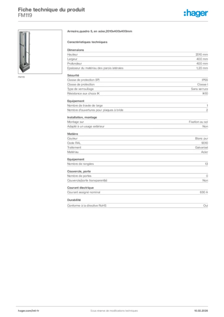 Image Hager Fiche technique du produit FM119 | Hager Afrique