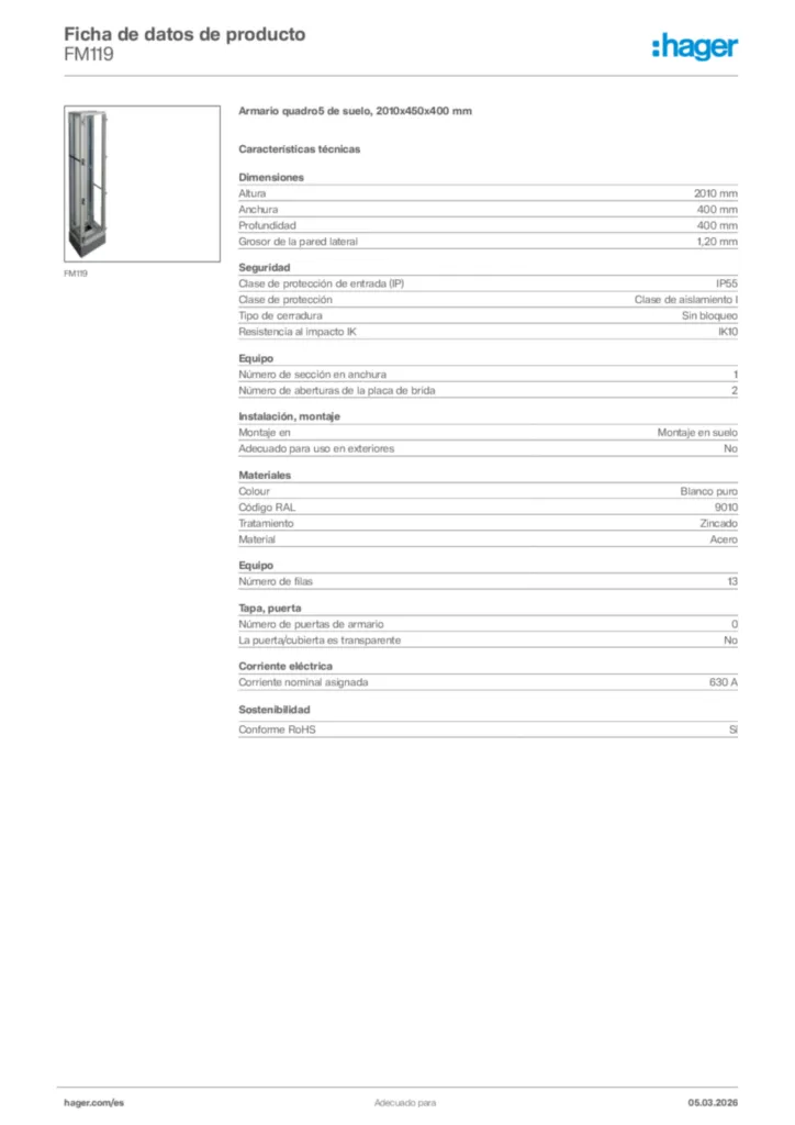 Imagen Hager Ficha de datos de producto FM119 | Hager España