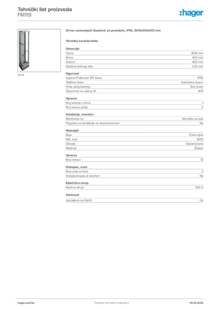 Slika Hager Tehnički list proizvoda FM119  | Hager