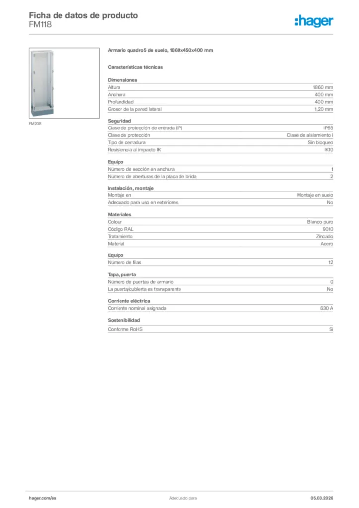 Imagen Hager Ficha de datos de producto FM118 | Hager España