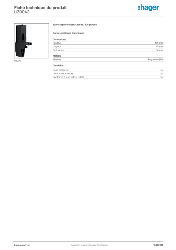 Image Hager Fiche technique du produit UZ00A3 | Hager Suisse