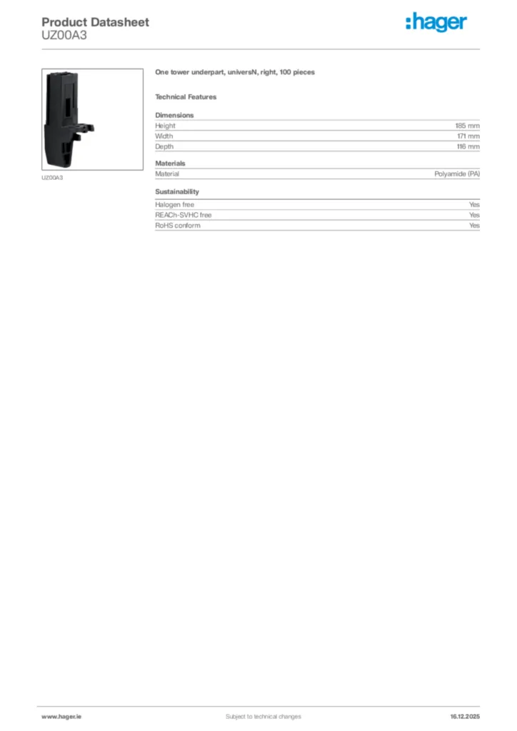 Image Hager Product data sheet UZ00A3  | Hager