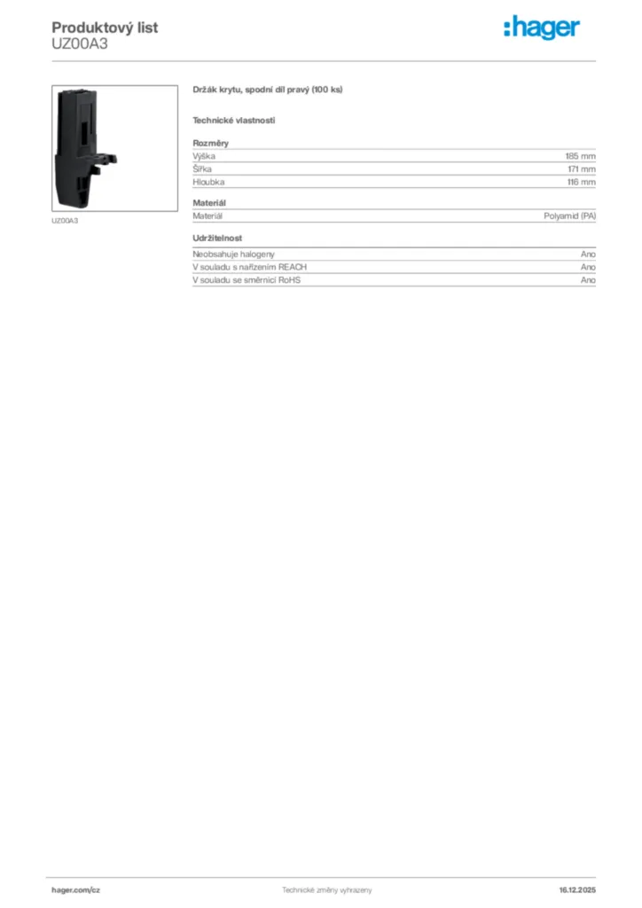 Obrázek Hager Produktový list UZ00A3 | Hager