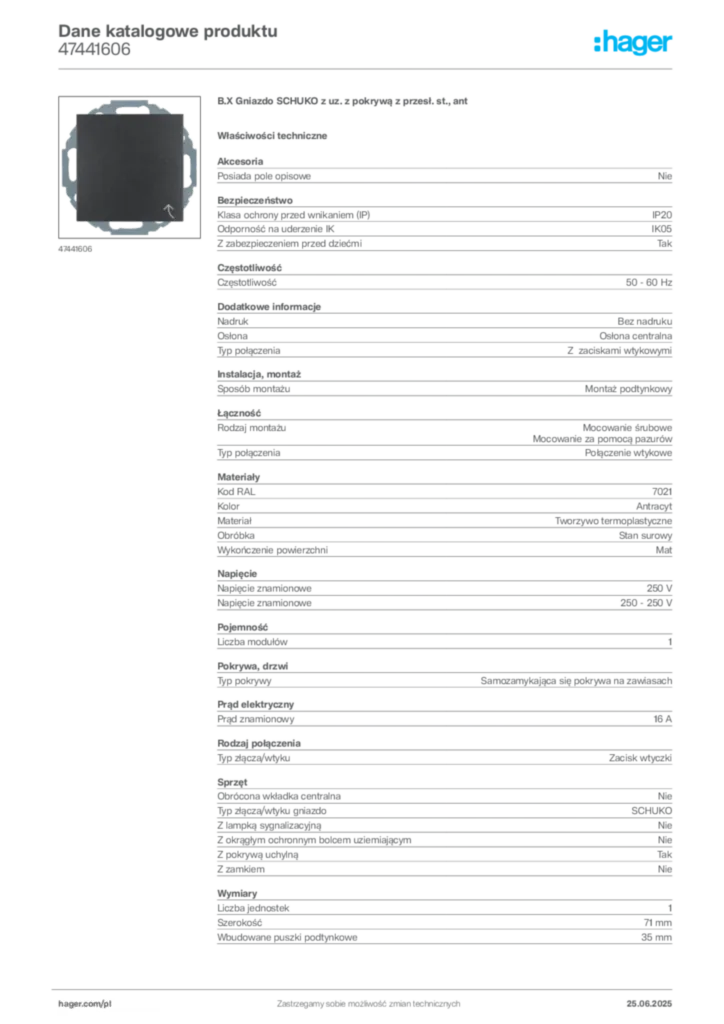 Zdjęcie Hager Karta katalogowa 47441606 | Hager Polska