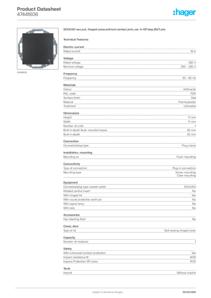 Image Hager Product data sheet 47441606  | Hager