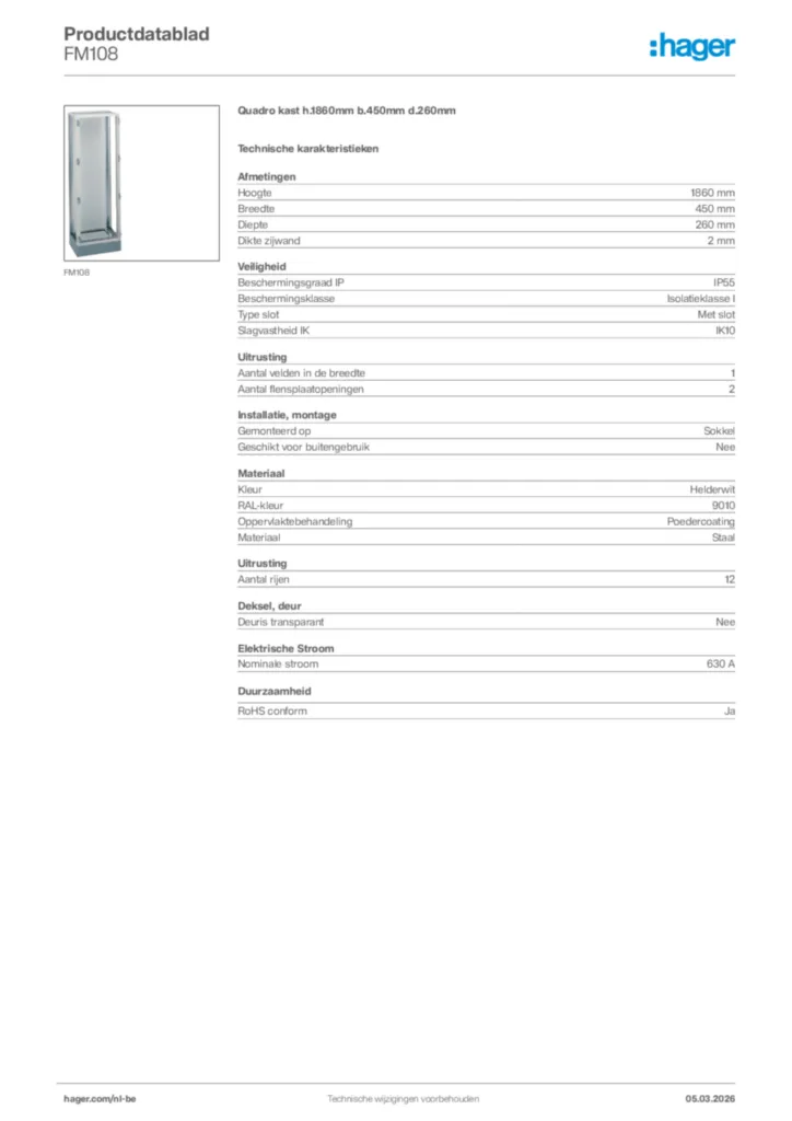 Afbeelding Hager Productdatablad FM108 | Hager Belgium