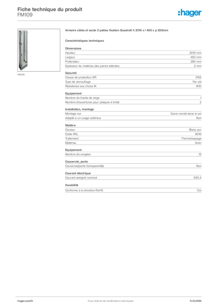 Image Hager Fiche technique du produit FM109 | Hager France