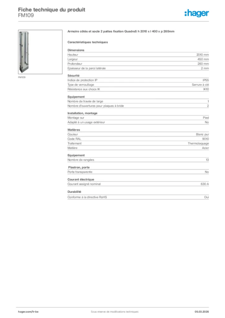 Image Hager Fiche technique du produit FM109 | Hager Belgique