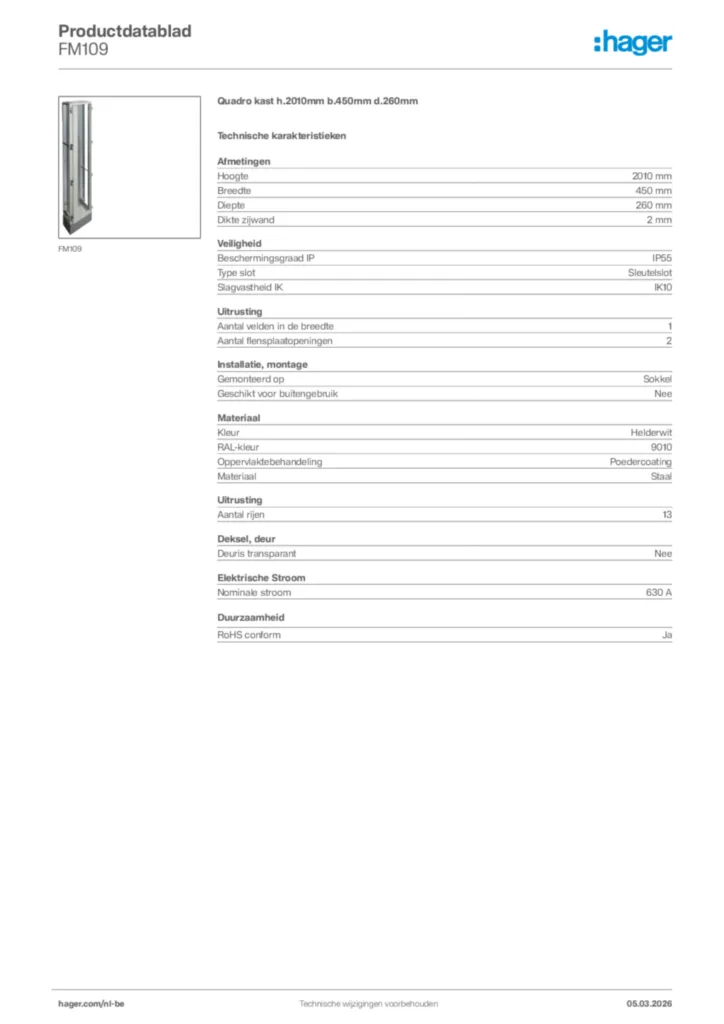 Afbeelding Hager Productdatablad FM109 | Hager Belgium