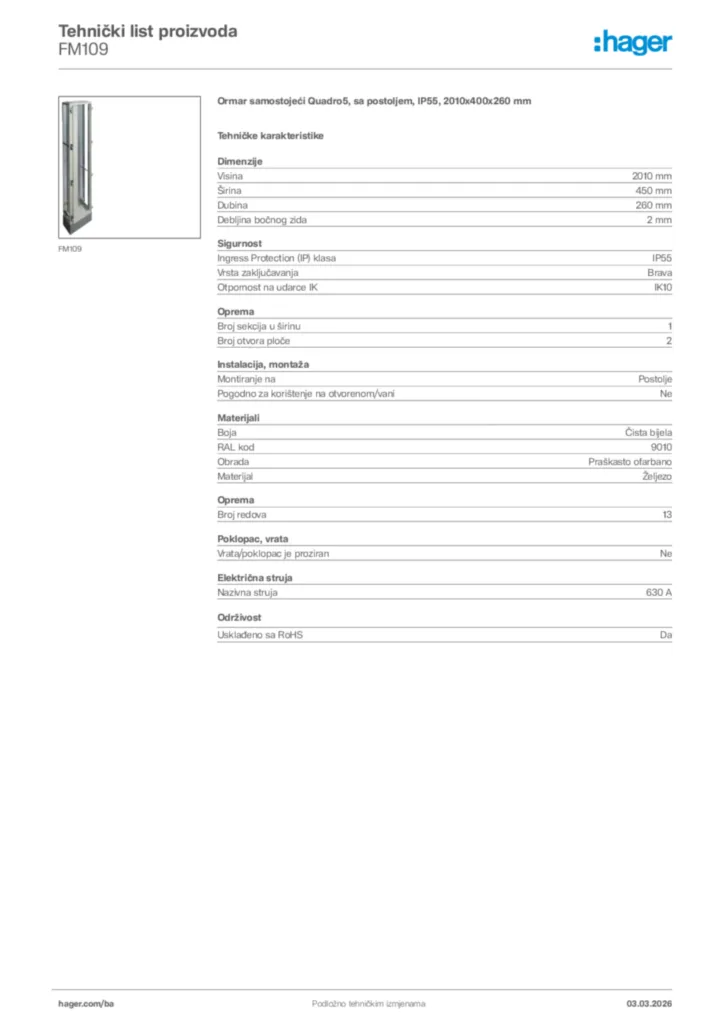 Slika Hager Tehnički list proizvoda FM109  | Hager