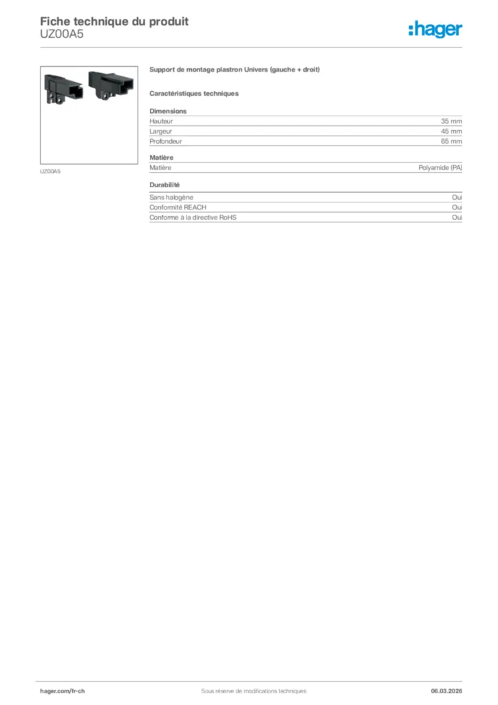 Image Hager Fiche technique du produit UZ00A5 | Hager Suisse