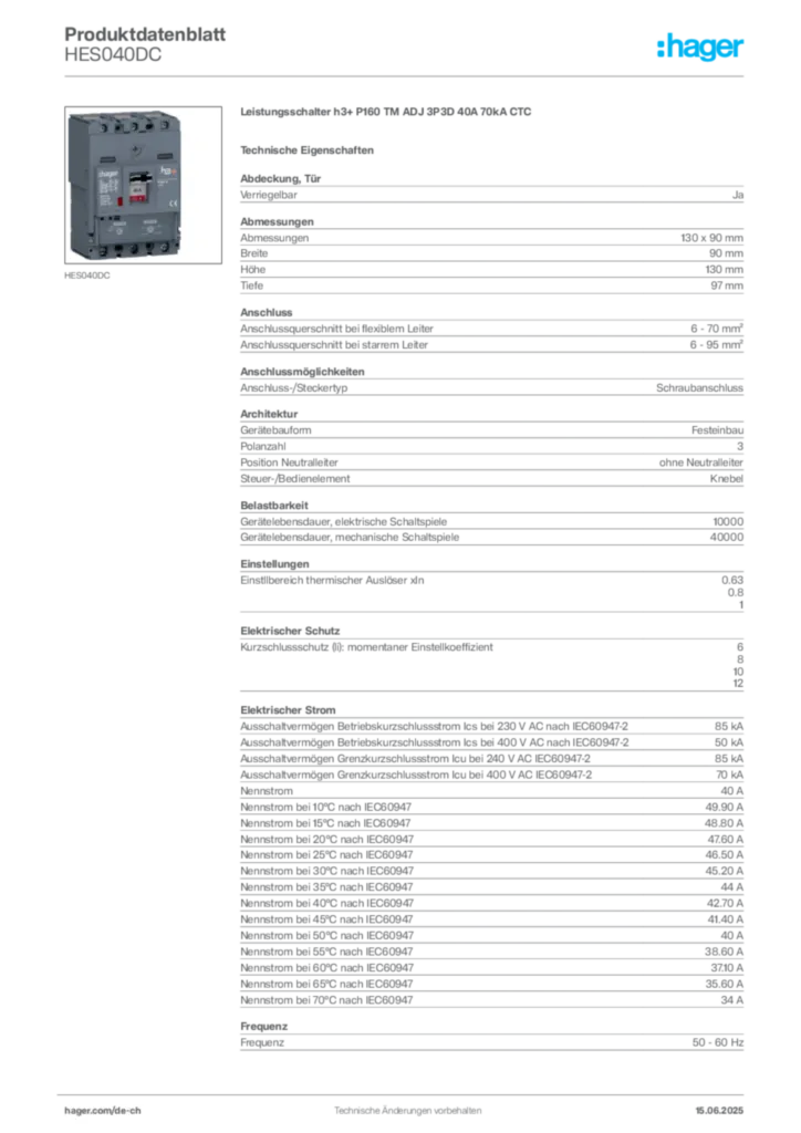 Bild Hager Produktdatenblatt HES040DC | Hager Schweiz