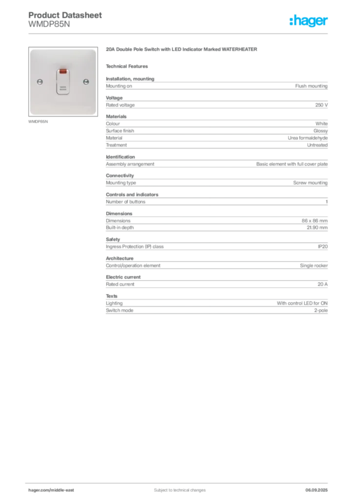 Image Hager Product data sheet WMDP85N  | Hager