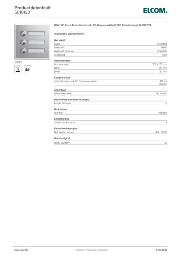 Bild Elcom Produktdatenblatt 5810123 | Hager Deutschland