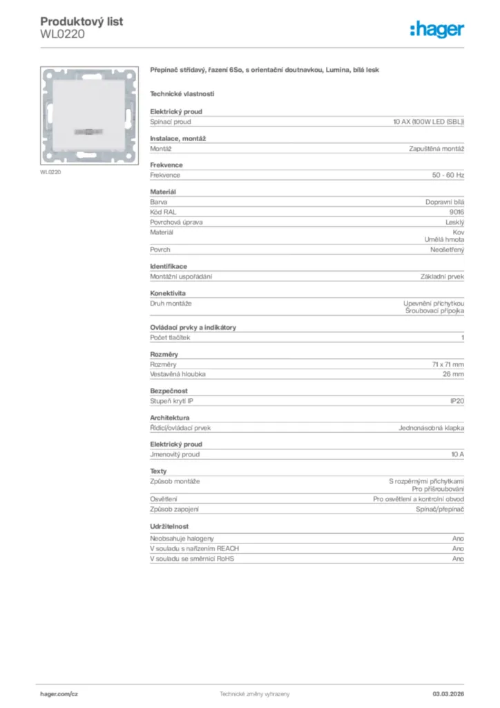 Obrázek Hager Product data sheet WL0220 | Hager