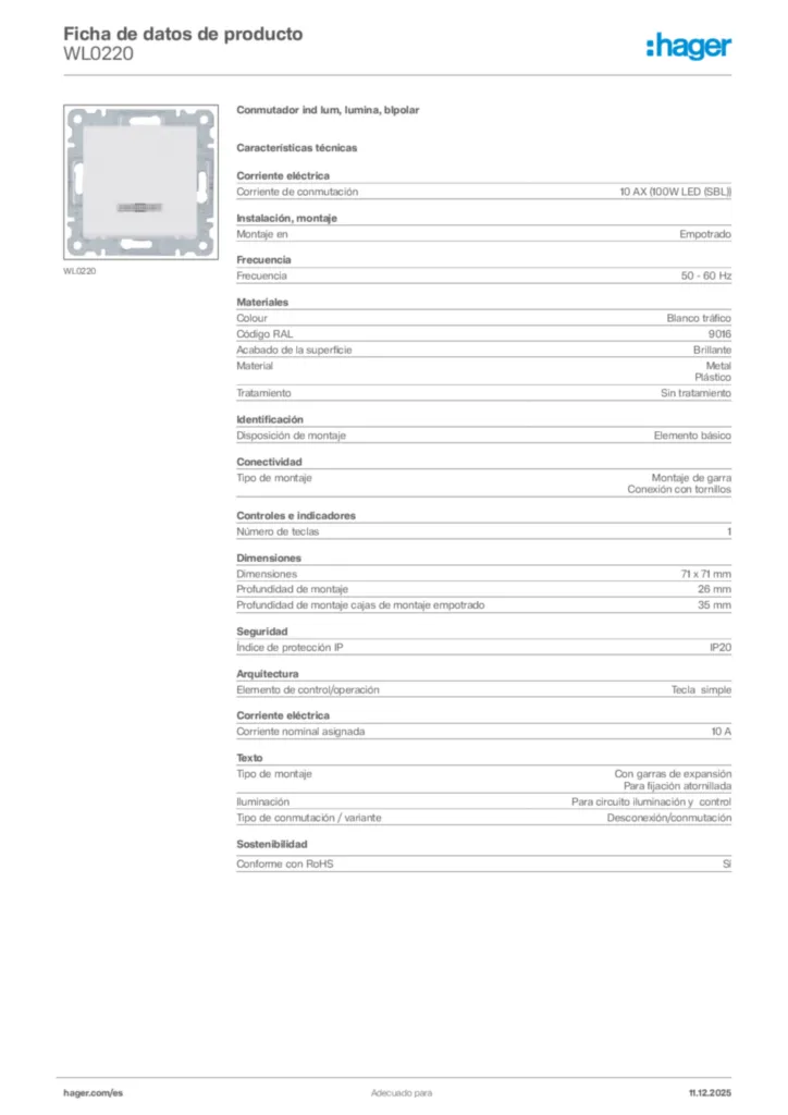 Imagen Hager Ficha de datos de producto WL0220 | Hager España