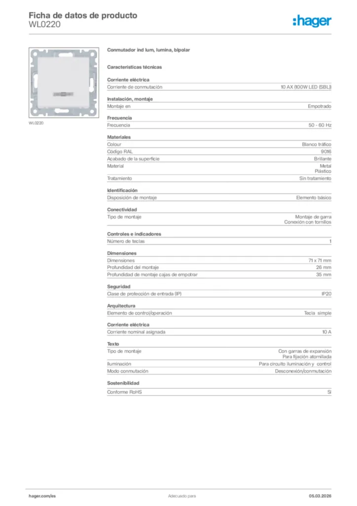 Imagen Hager Ficha de datos de producto WL0220 | Hager España