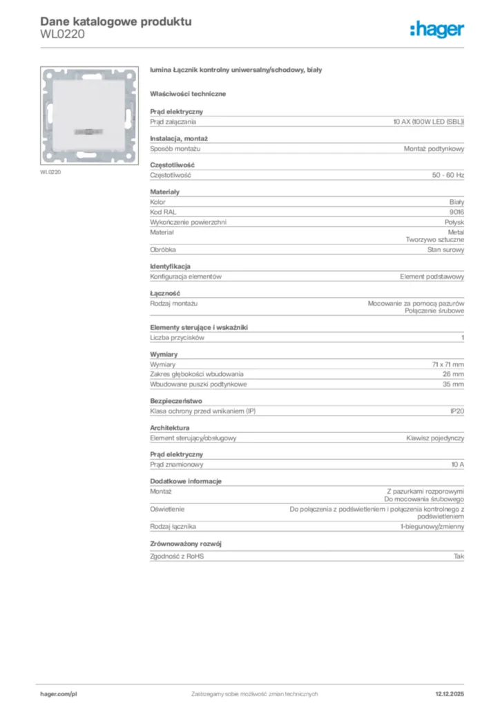 Zdjęcie Hager Karta katalogowa WL0220 | Hager Polska