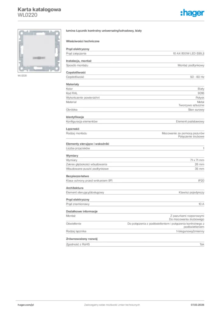 Zdjęcie Hager Karta katalogowa WL0220 | Hager Polska