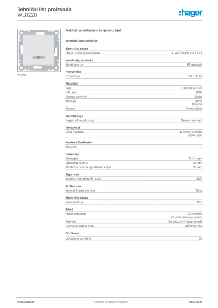 Slika Hager Tehnički list proizvoda WL0220  | Hager