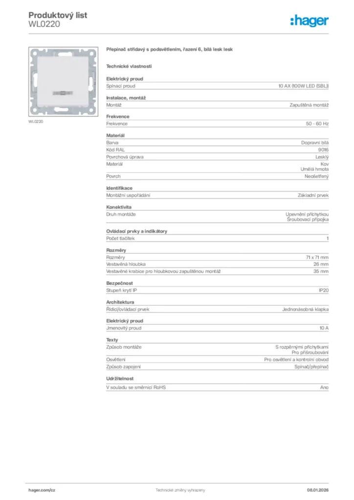 Obrázek Hager Product data sheet WL0220 | Hager