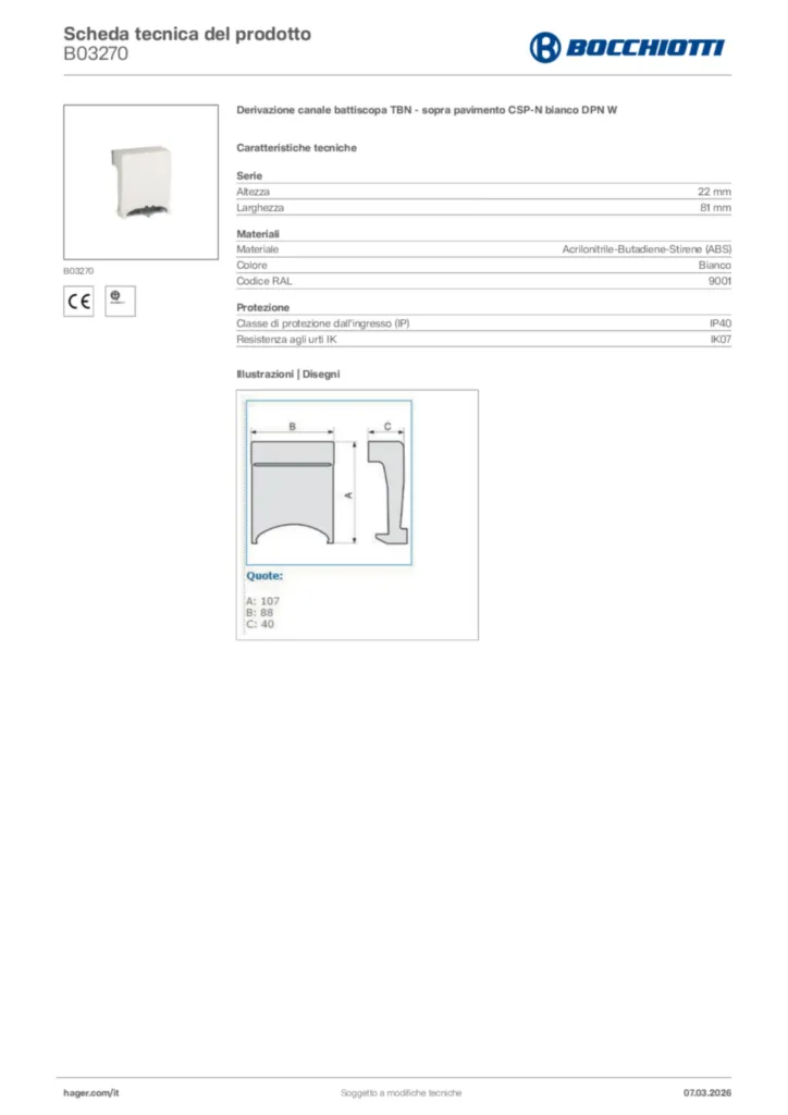 Immagine Bocchiotti Scheda tecnica del prodotto B03270 | Hager Italia