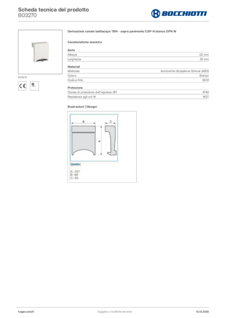 Immagine Bocchiotti Scheda tecnica del prodotto B03270 | Hager Italia