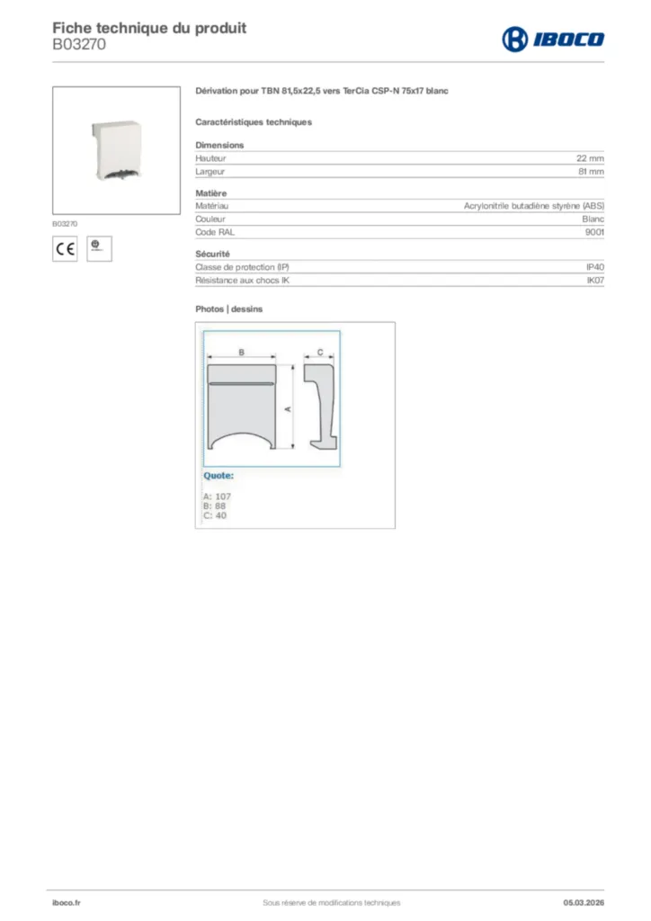 Image Iboco Fiche technique du produit B03270 | Hager France