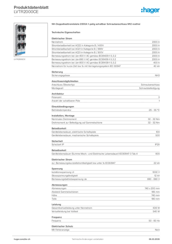 Bild Hager Produktdatenblatt LVTR2000CE | Hager Schweiz