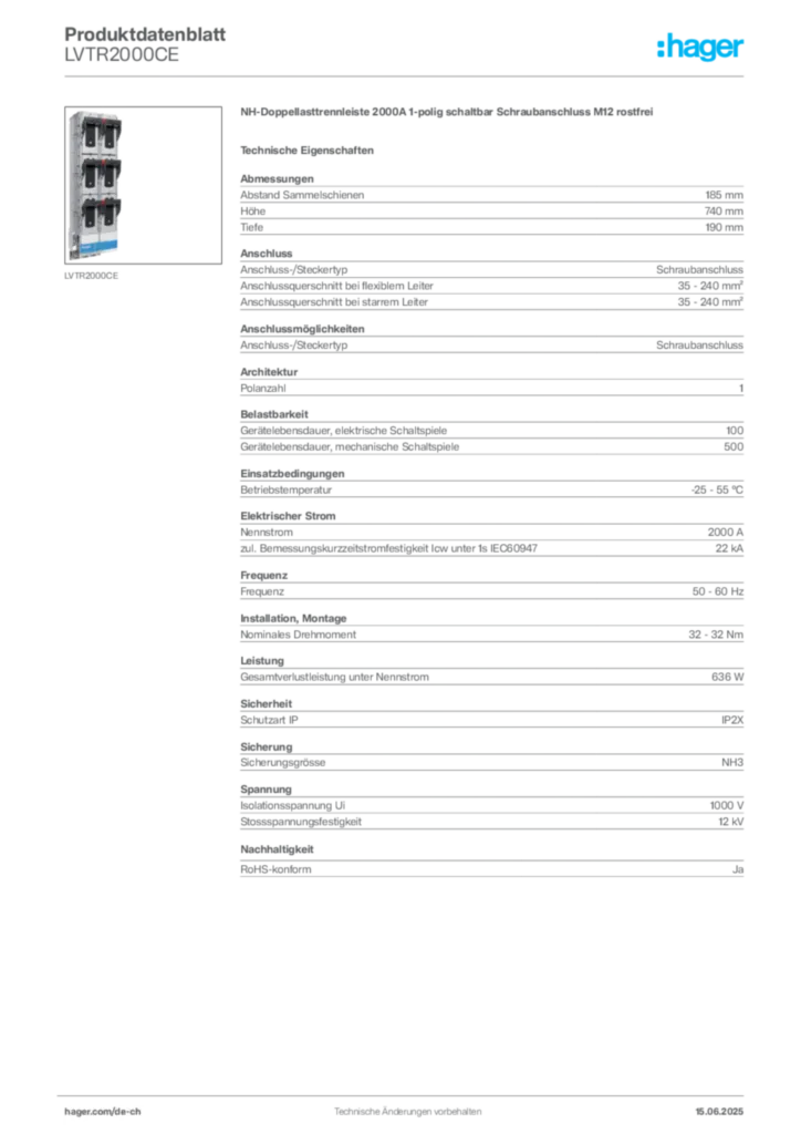 Bild Hager Produktdatenblatt LVTR2000CE | Hager Schweiz