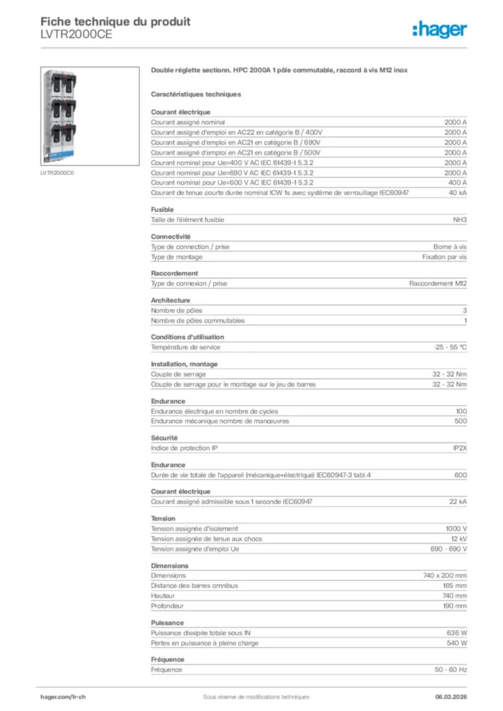 Image Hager Fiche technique du produit LVTR2000CE | Hager Suisse