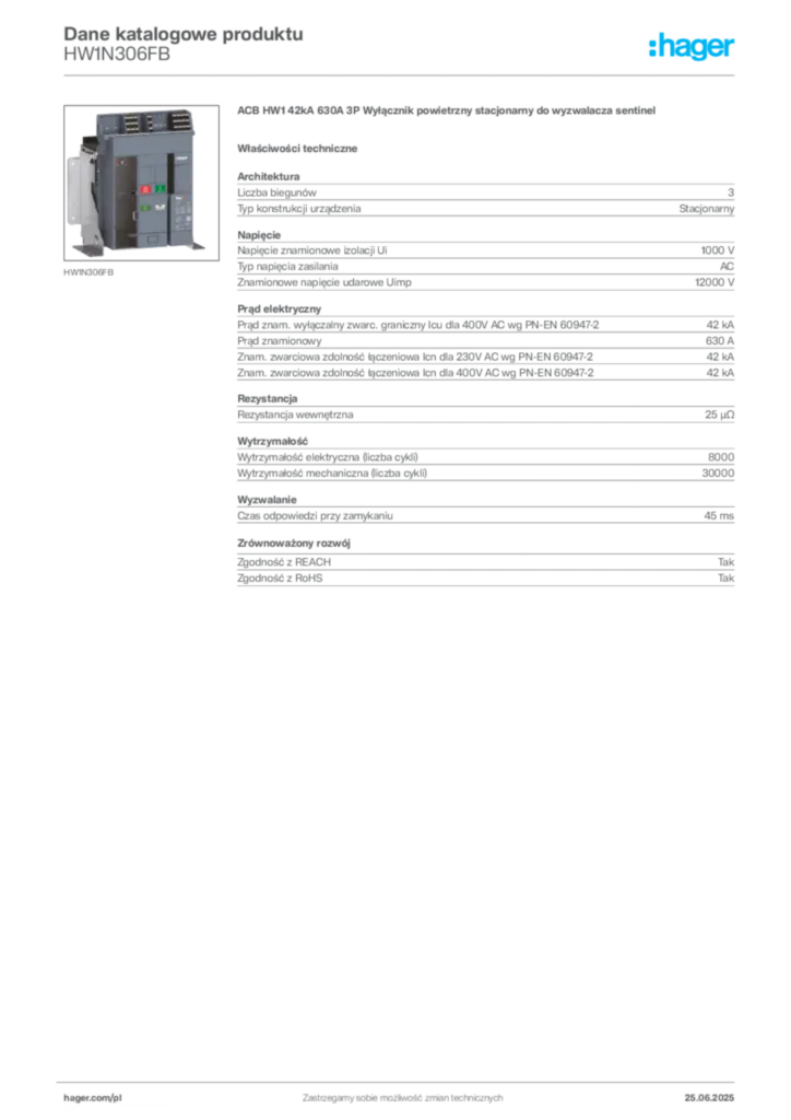 Zdjęcie Hager Karta katalogowa HW1N306FB | Hager Polska
